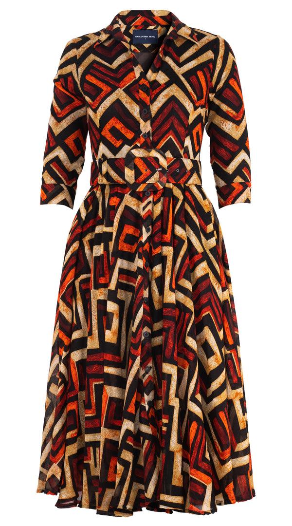 samantha sung Aster Dress Shirt Collar 3/4 Sleeve Midi Length Wool (Kente Zigzag)