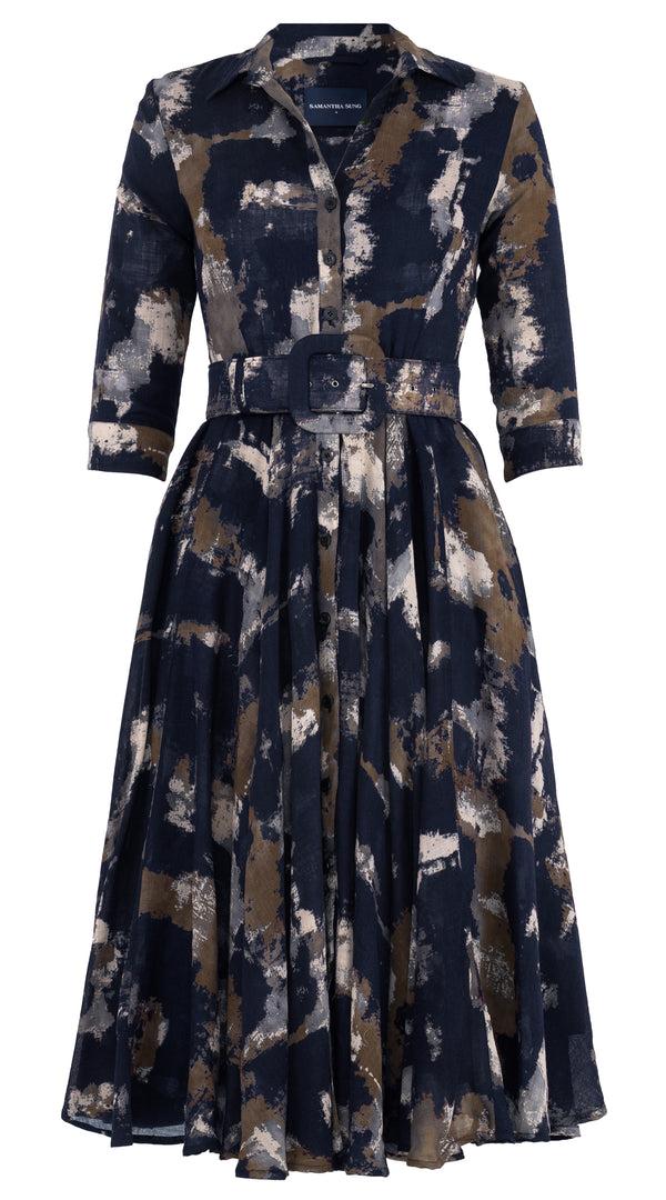 Samantha Sung Aster Dress Shirt Collar 3/4 Sleeve Midi Length Wool (Jupitar Check) - Indigo