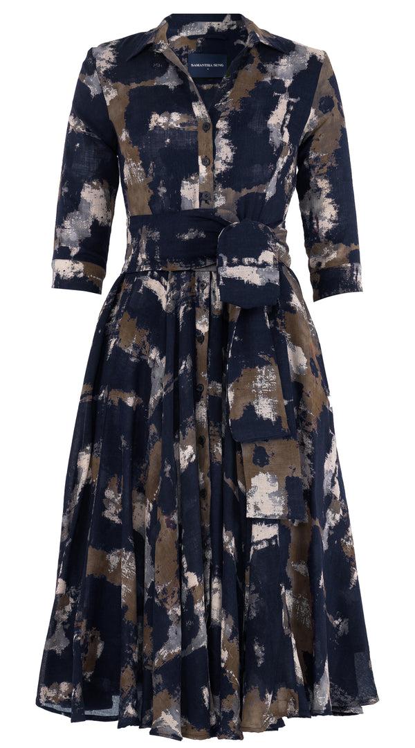 Samantha Sung Aster Dress Shirt Collar 3/4 Sleeve Midi Length Wool (Jupitar Check) - Indigo