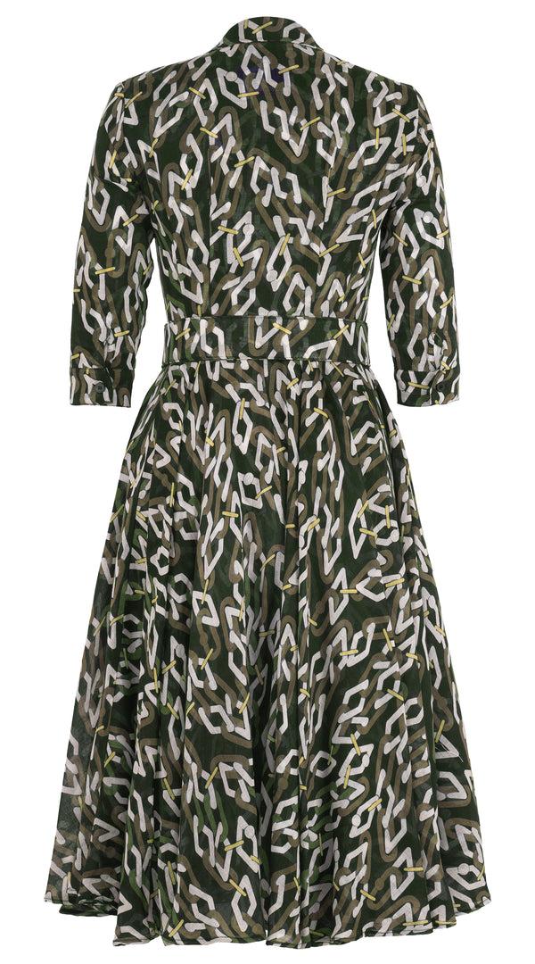 Samantha Sung Aster Dress Shirt Collar 3/4 Sleeve Midi Length Wool (Multi Chain Dark) - Olive Green