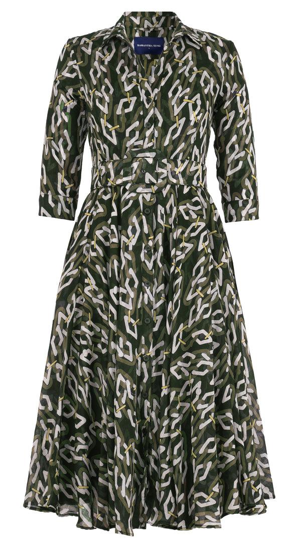 samantha sung Aster Dress Shirt Collar 3/4 Sleeve Midi Length Wool (Multi Chain Dark) - Olive Green