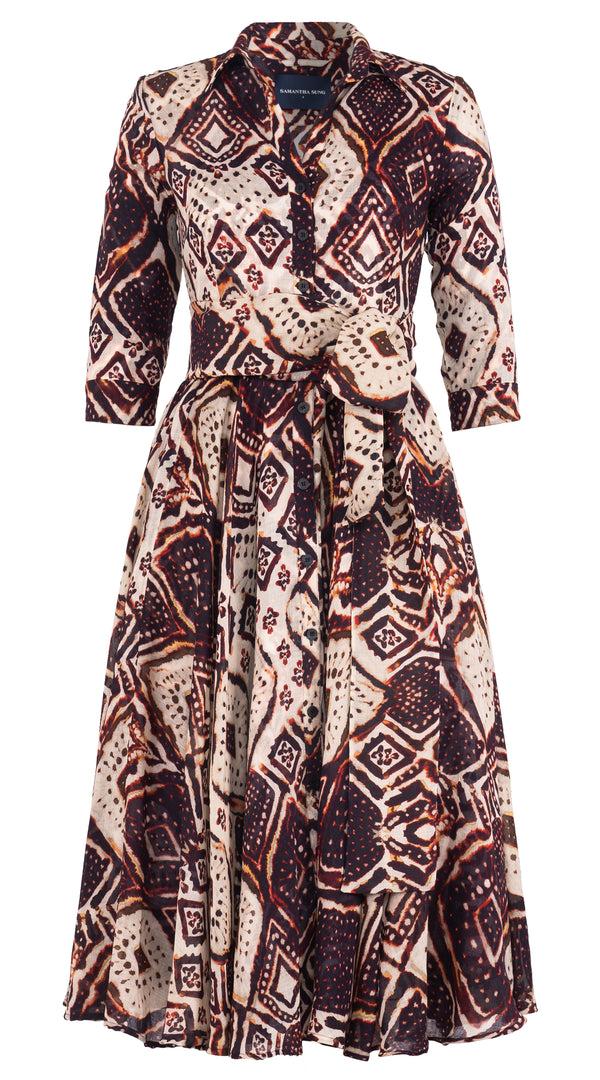 Samantha Sung Aster Dress Shirt Collar 3/4 Sleeve Midi Length Wool (Tie Dye Maldives Ivory) - Ivory Burgundy