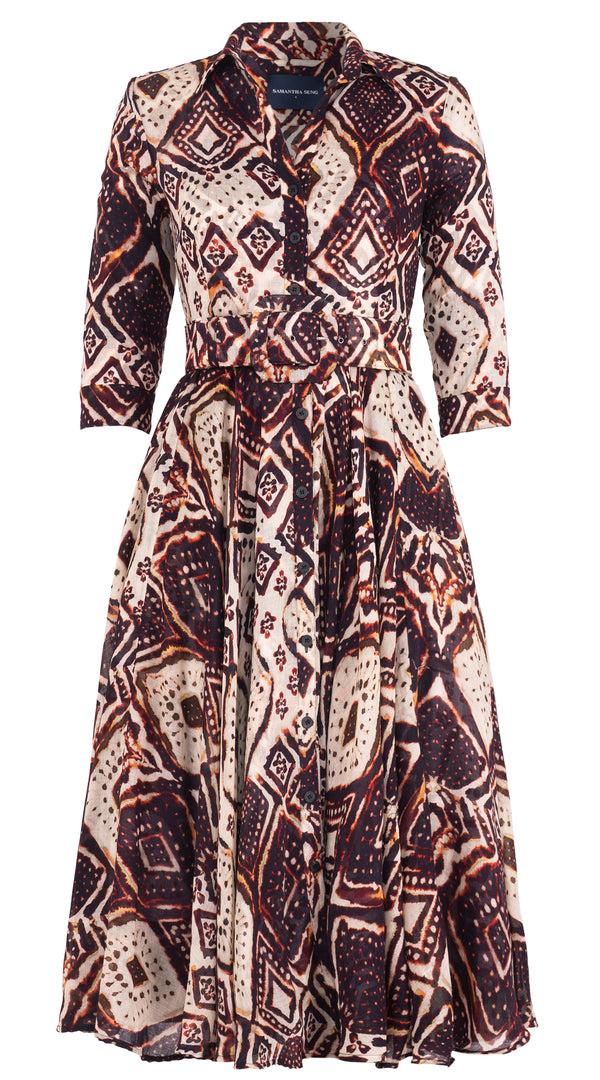 samantha sung Aster Dress Shirt Collar 3/4 Sleeve Midi Length Wool (Tie Dye Maldives Ivory) - Ivory Burgundy