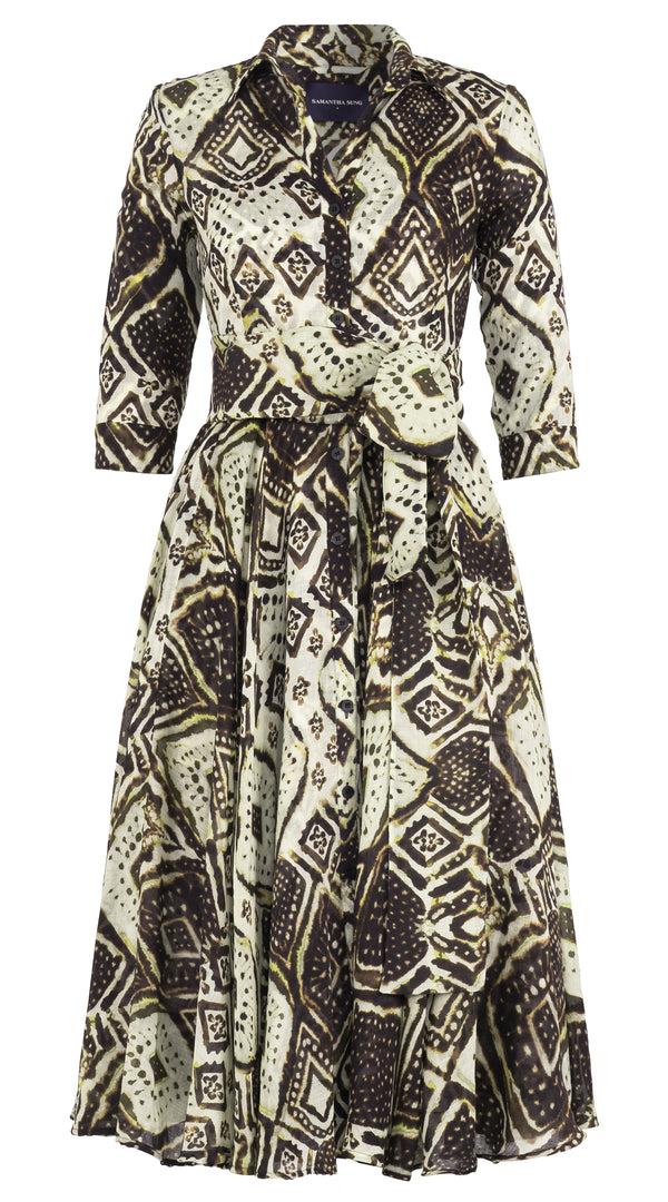 Samantha Sung Aster Dress Shirt Collar 3/4 Sleeve Midi Length Wool (Tie Dye Maldives Ivory) - Ivory Olive Green