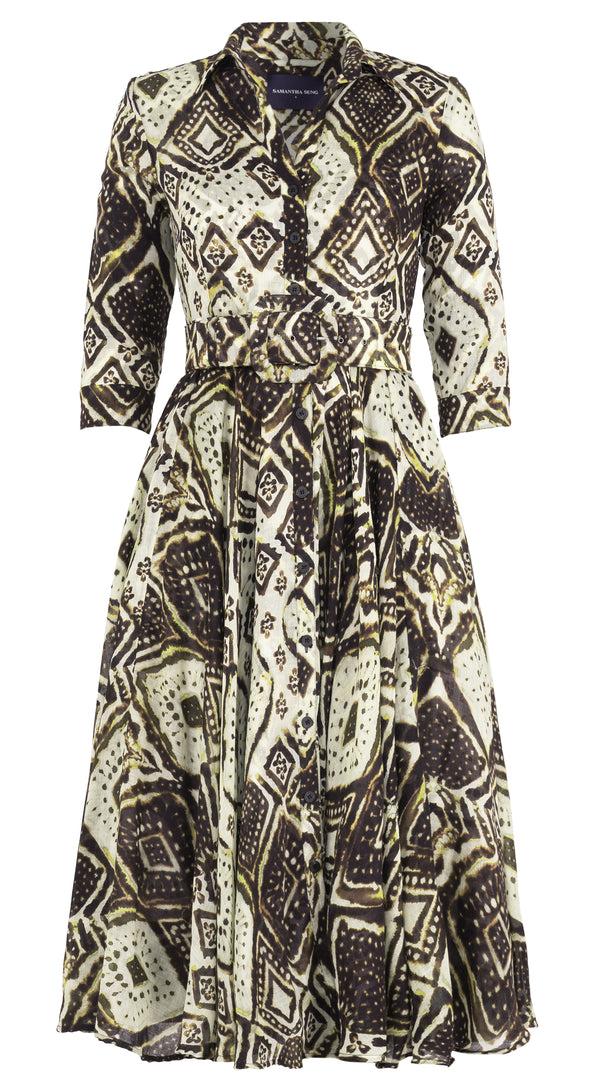 samantha sung Aster Dress Shirt Collar 3/4 Sleeve Midi Length Wool (Tie Dye Maldives Ivory) - Ivory Olive Green