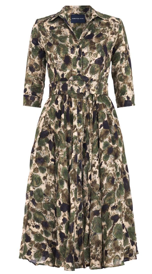 samantha sung Aster Dress Shirt Collar 3/4 Sleeve Midi Length Wool (Animal Dots)