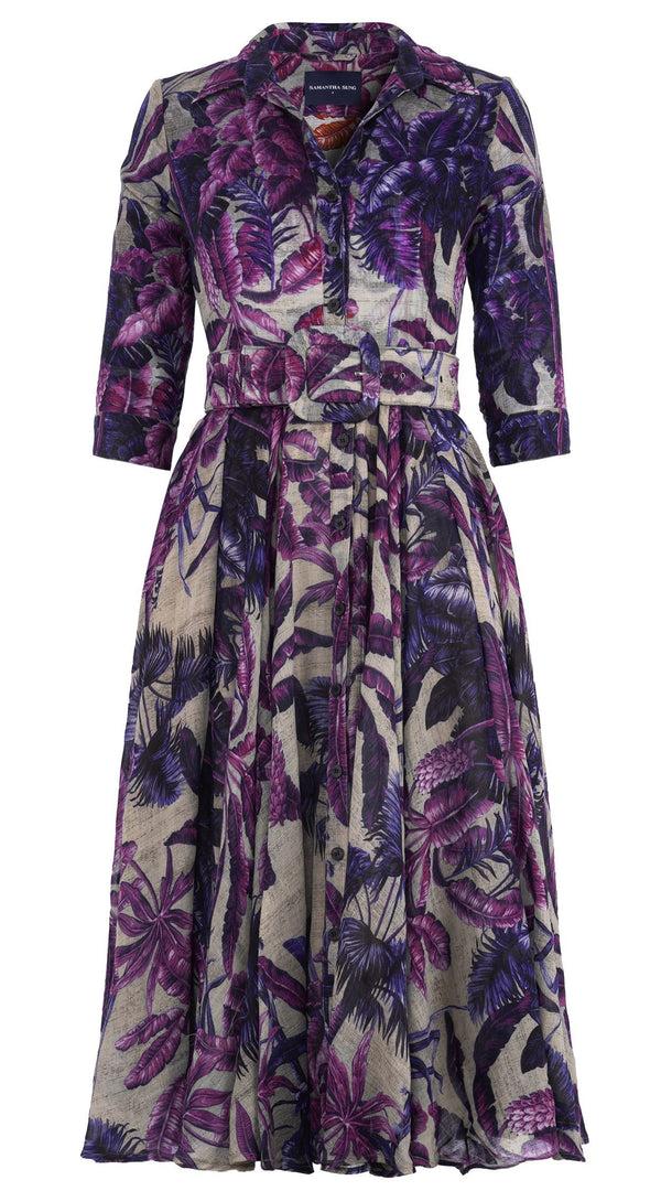 samantha sung Aster Dress Shirt Collar 3/4 Sleeve Midi Length Wool (Vintage Palm Beige) - Beige Lilac