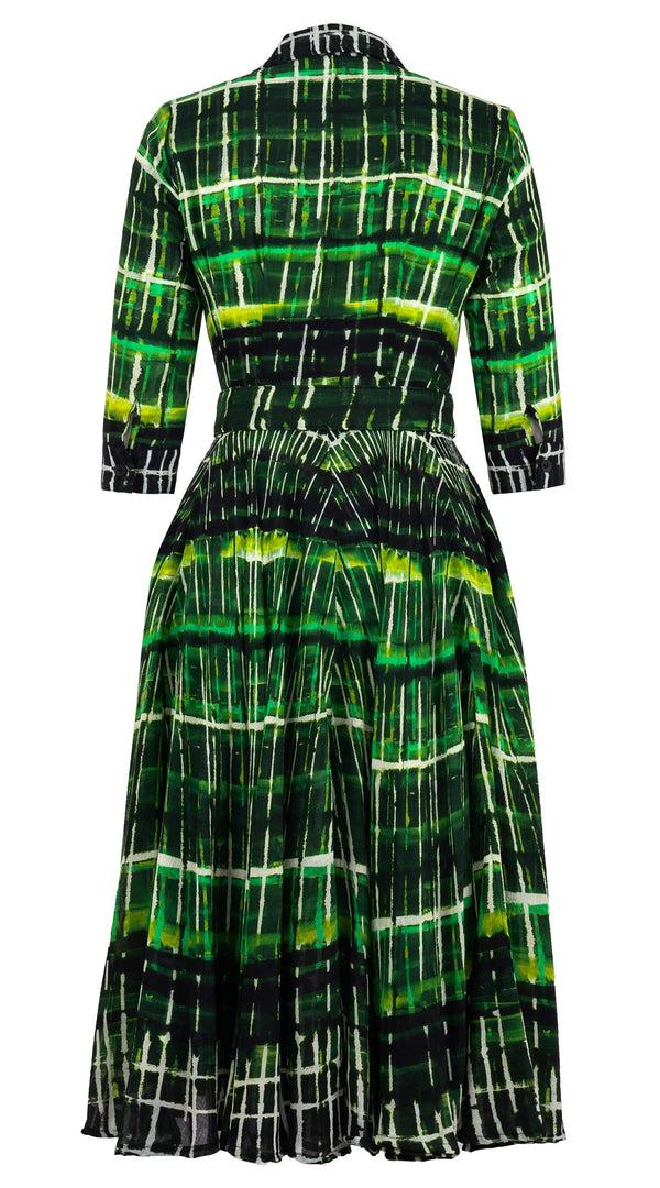 Samantha Sung Aster Dress Shirt Collar 3/4 Sleeve Midi Length Wool (Watercolor Plaid Big) - Green