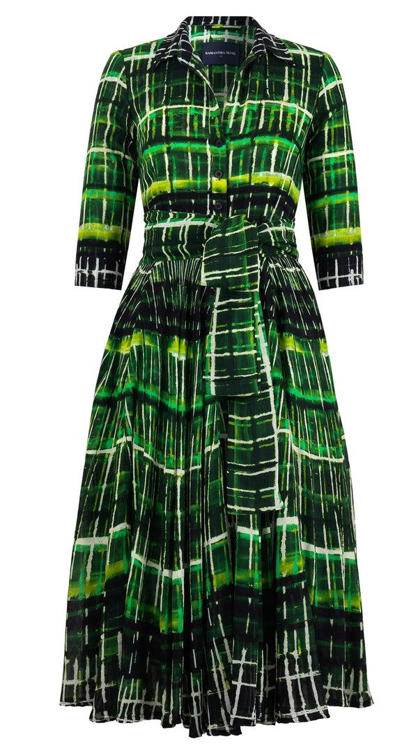 Samantha Sung Aster Dress Shirt Collar 3/4 Sleeve Midi Length Wool (Watercolor Plaid Big) - Green