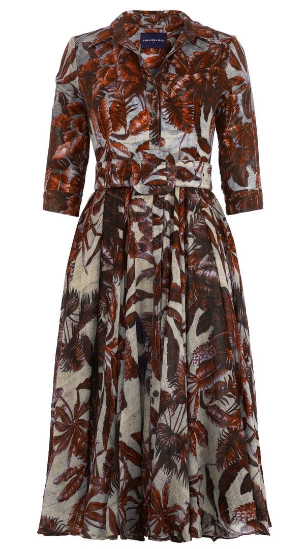 samantha sung Aster Dress Shirt Collar 3/4 Sleeve Midi Length Wool (Vintage Palm Beige) - Beige Orange