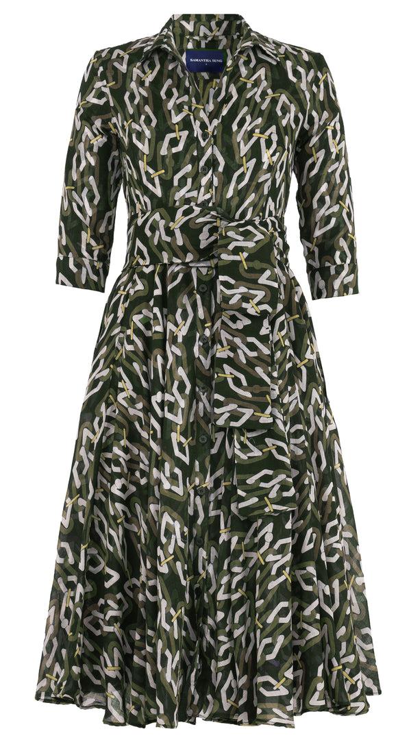 Samantha Sung Aster Dress Shirt Collar 3/4 Sleeve Midi Length Wool (Multi Chain Dark) - Olive Green