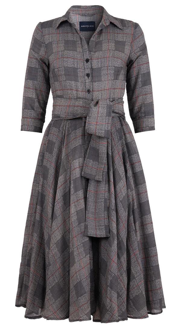 Samantha Sung Aster Dress Shirt Collar 3/4 Sleeve Midi Length Wool (Savile Row Check Ivory) - Ivory Black