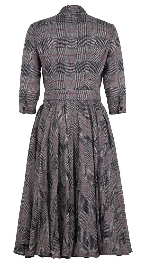 Samantha Sung Aster Dress Shirt Collar 3/4 Sleeve Midi Length Wool (Savile Row Check Ivory) - Ivory Black