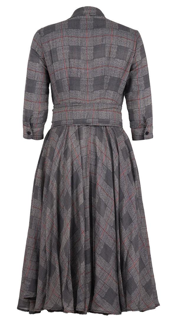 Samantha Sung Aster Dress Shirt Collar 3/4 Sleeve Midi Length Wool (Savile Row Check Ivory) - Ivory Black