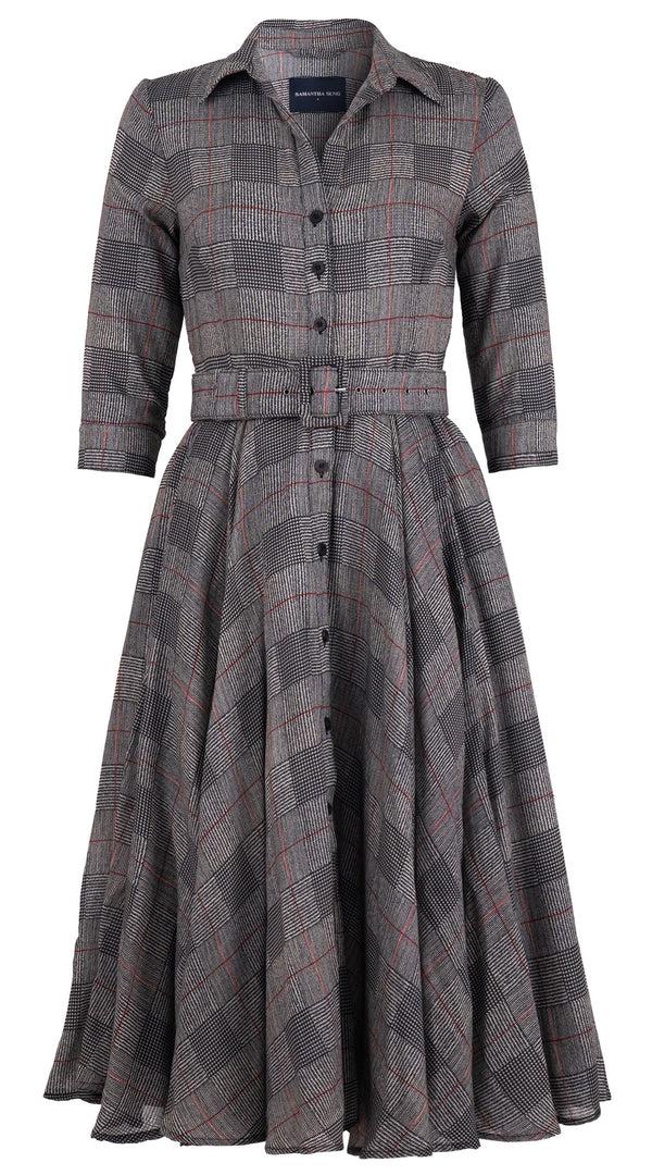 samantha sung Aster Dress Shirt Collar 3/4 Sleeve Midi Length Wool (Savile Row Check Ivory) - Ivory Black