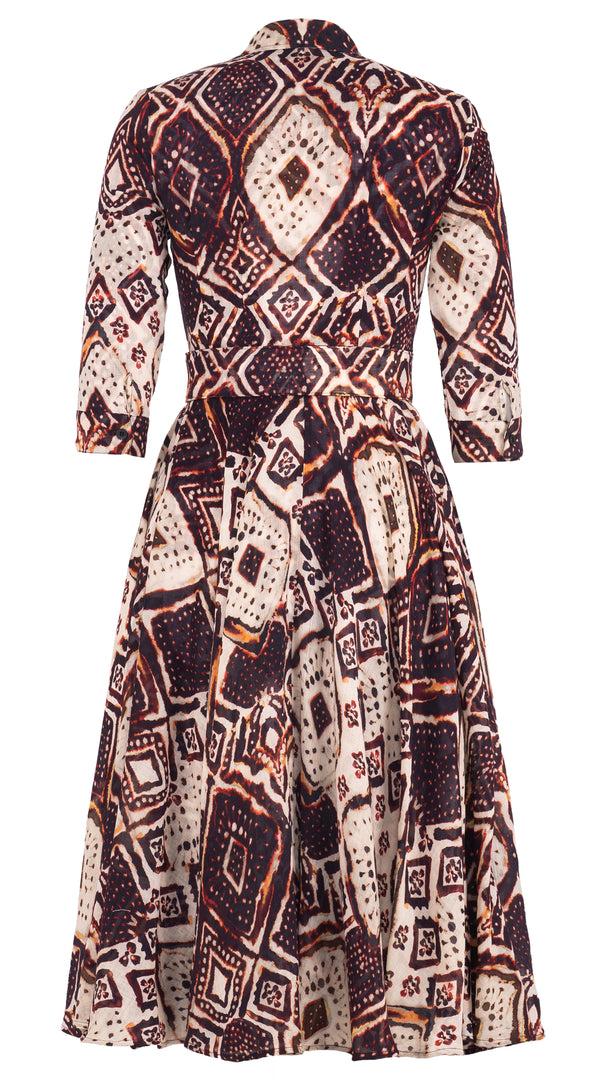 Samantha Sung Aster Dress Shirt Collar 3/4 Sleeve Midi Length Wool (Tie Dye Maldives Ivory) - Ivory Burgundy