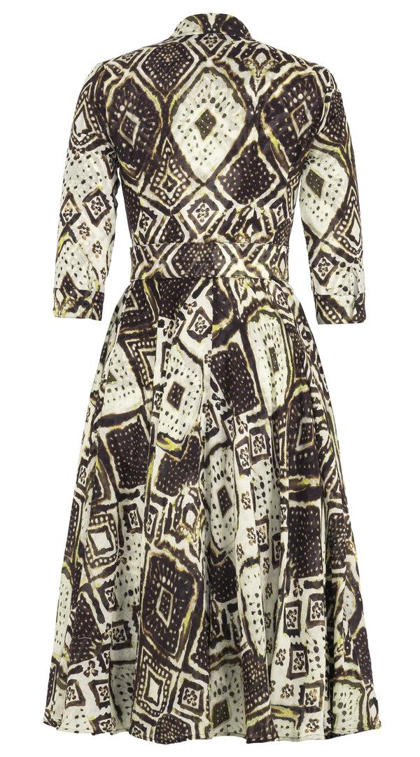 Samantha Sung Aster Dress Shirt Collar 3/4 Sleeve Midi Length Wool (Tie Dye Maldives Ivory) - Ivory Olive Green