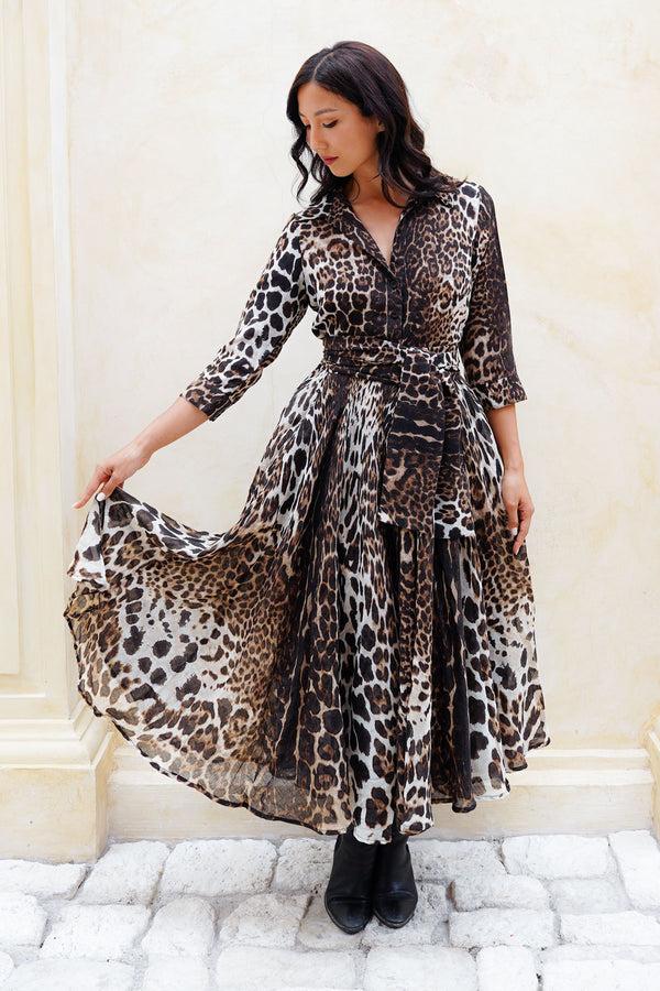 samantha sung Aster Dress Shirt Collar 3/4 Sleeve Midi Length Wool (Colombo Leopard) - Sepia