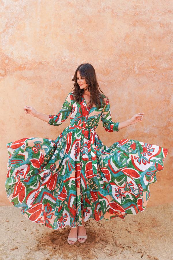 Samantha Sung Aster Dress Shirt Collar 3/4 Sleeve Midi Plus Length Cotton Musola (Barcelona Mode)