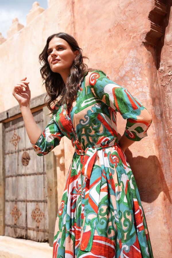 Samantha Sung Aster Dress Shirt Collar 3/4 Sleeve Midi Plus Length Cotton Musola (Barcelona Mode)