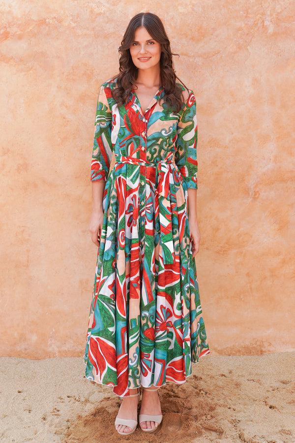 samantha sung Aster Dress Shirt Collar 3/4 Sleeve Midi Plus Length Cotton Musola (Barcelona Mode)