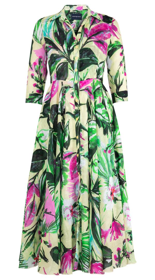 samantha sung Aster Dress Shirt Collar 3/4 Sleeve Midi Plus Length Cotton Musola (Mozambique Flower Pastel)