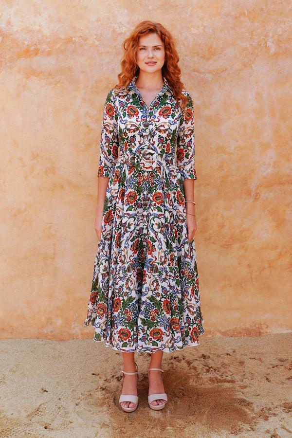 samantha sung Aster Dress Shirt Collar 3/4 Sleeve Midi Plus Length Cotton Musola (Vittoriale)