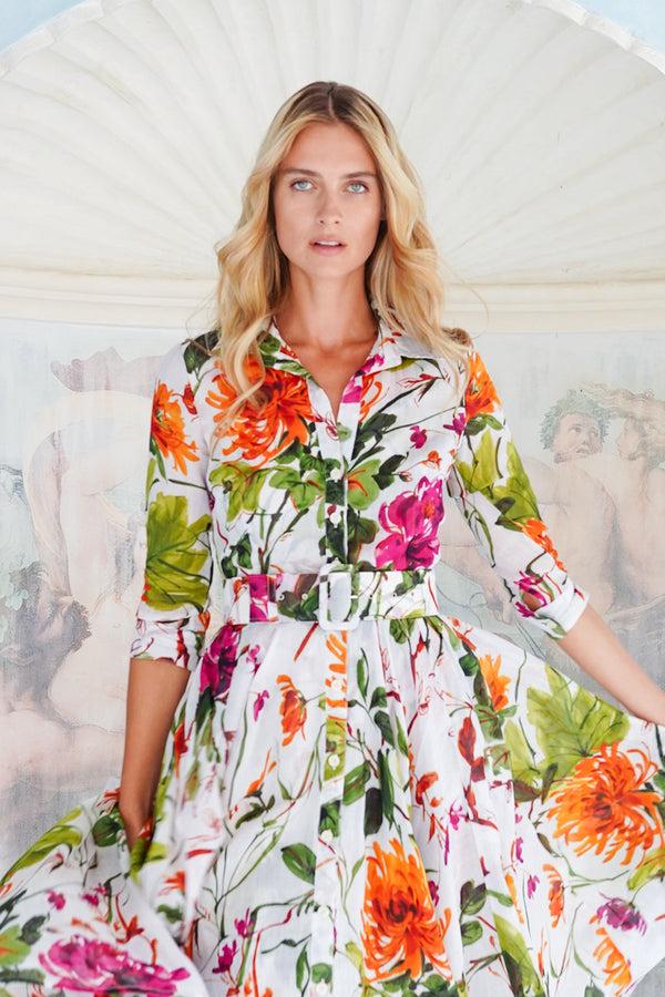 Samantha Sung Aster Dress Shirt Collar 3/4 Sleeve Midi Plus Length Cotton Musola (Oriental Flower Ombre)