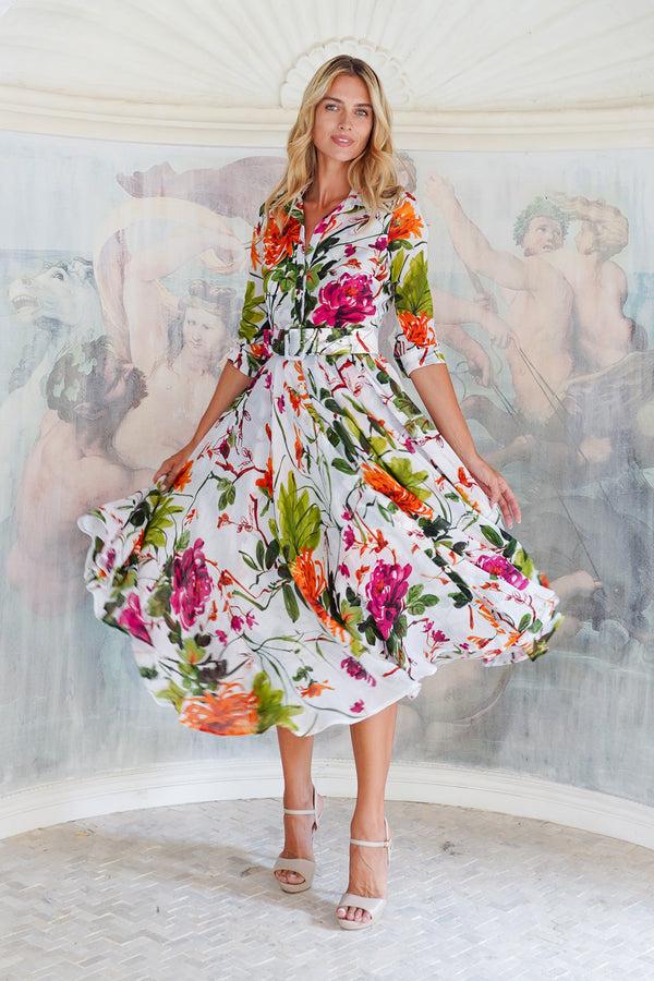 Samantha Sung Aster Dress Shirt Collar 3/4 Sleeve Midi Plus Length Cotton Musola (Oriental Flower Ombre)