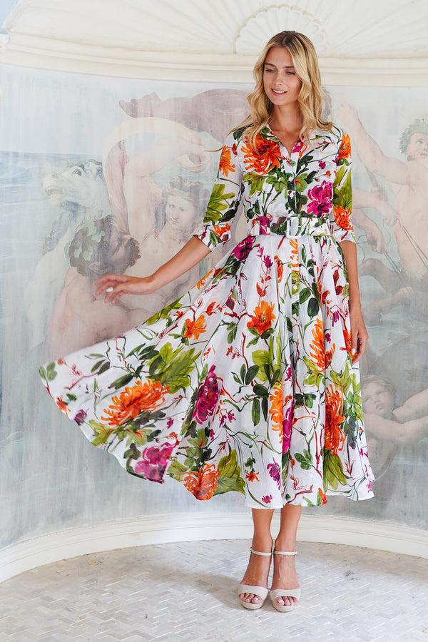 samantha sung Aster Dress Shirt Collar 3/4 Sleeve Midi Plus Length Cotton Musola (Oriental Flower Ombre)