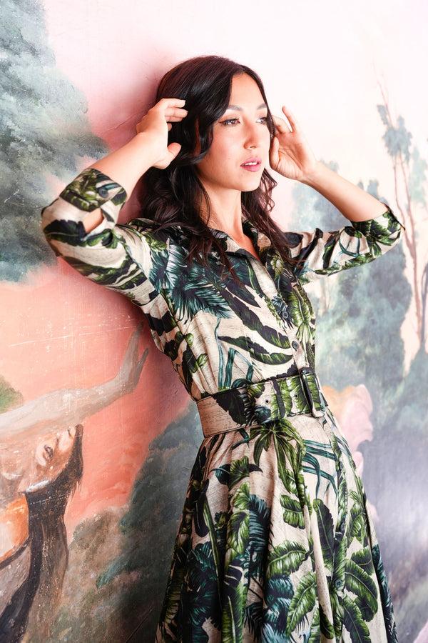 Samantha Sung Aster Dress Shirt Collar 3/4 Sleeve Midi Plus Length Poliamide Taffta (Vintage Palm Beige)