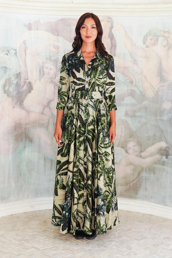 Samantha Sung Aster Dress Shirt Collar 3/4 Sleeve Midi Plus Length Poliamide Taffta (Vintage Palm Beige)