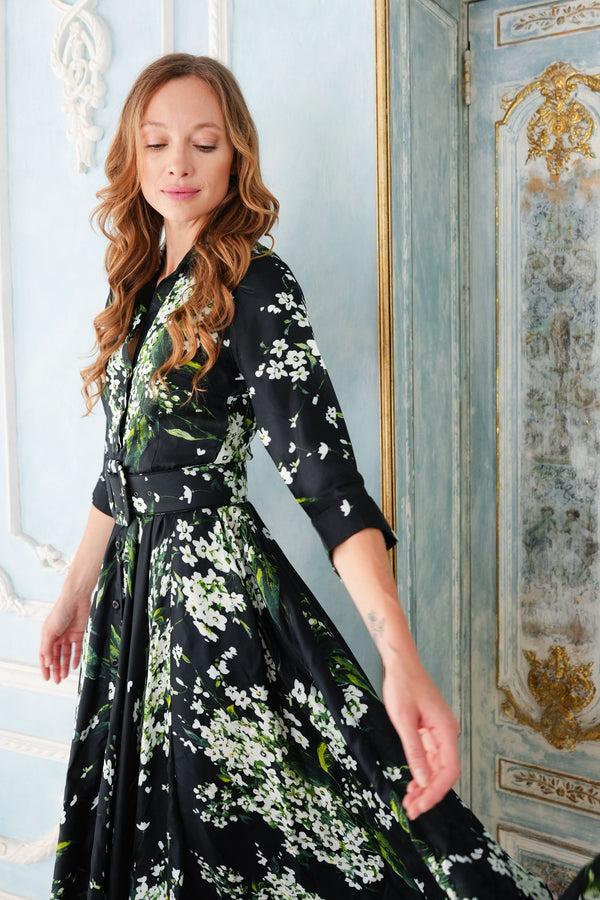 Samantha Sung Aster Dress Shirt Collar 3/4 Sleeve Midi Plus Length Poliamide Taffta (Lily Of The Valley)