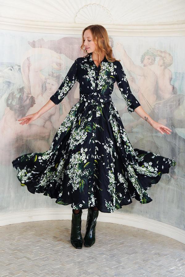 Samantha Sung Aster Dress Shirt Collar 3/4 Sleeve Midi Plus Length Poliamide Taffta (Lily Of The Valley)