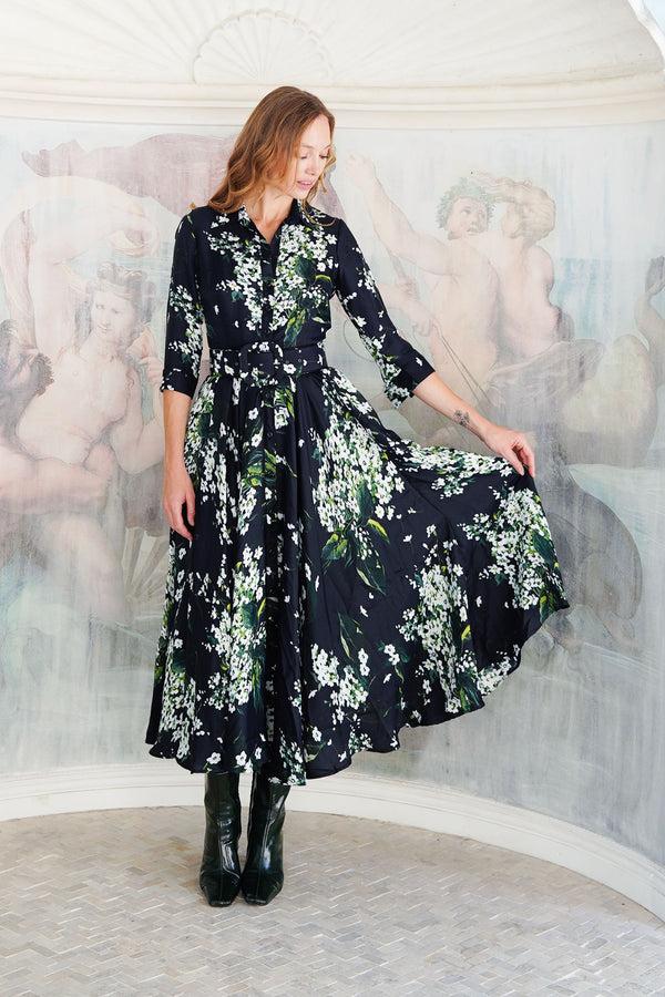 Samantha Sung Aster Dress Shirt Collar 3/4 Sleeve Midi Plus Length Poliamide Taffta (Lily Of The Valley)