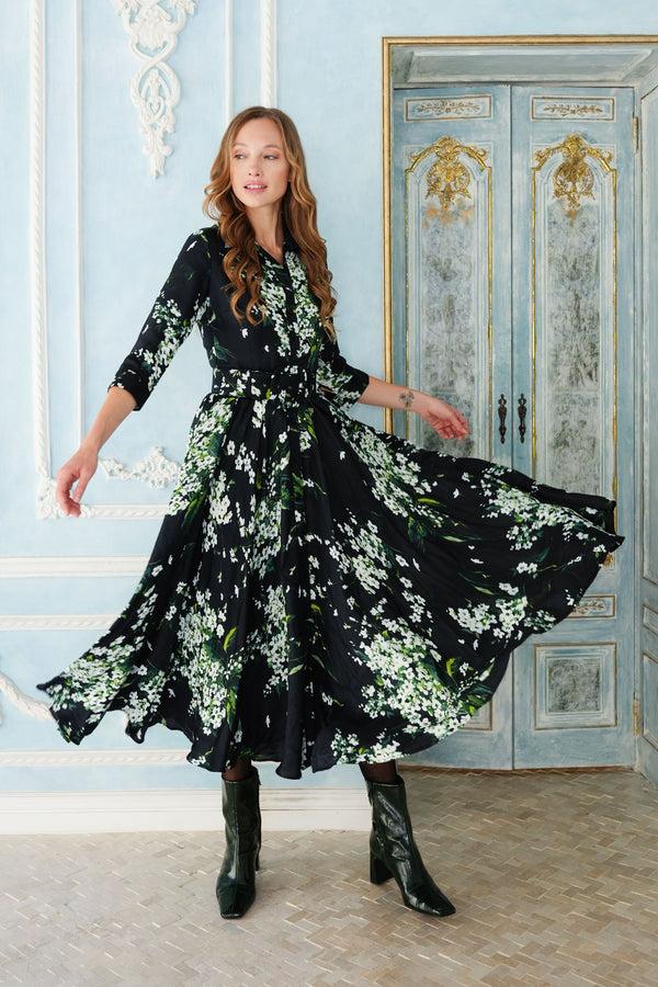 samantha sung Aster Dress Shirt Collar 3/4 Sleeve Midi Plus Length Poliamide Taffta (Lily of the Valley)