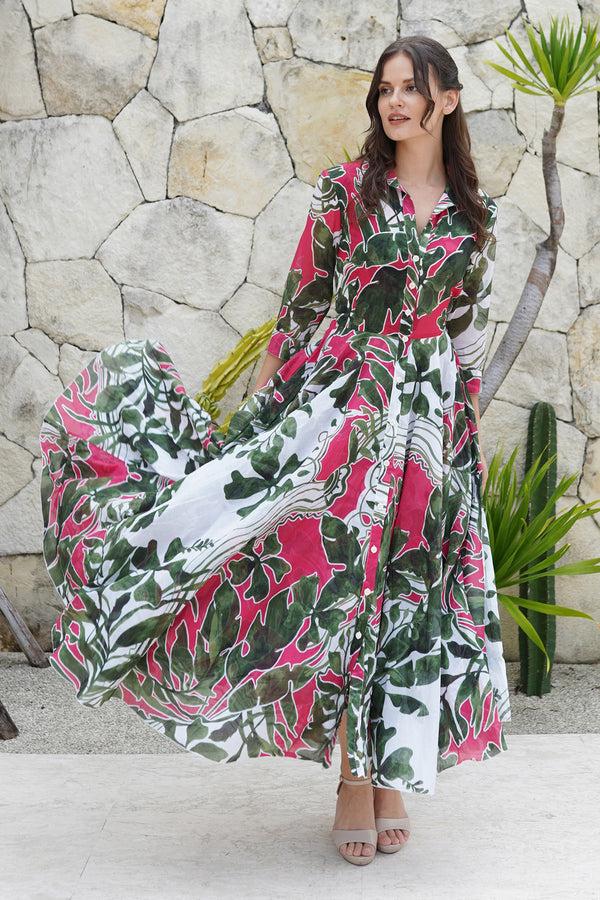 samantha sung Aster Dress Shirt Collar 3/4 Sleeve Midi Plus Length Cotton Musola (Como Lake Garden White)