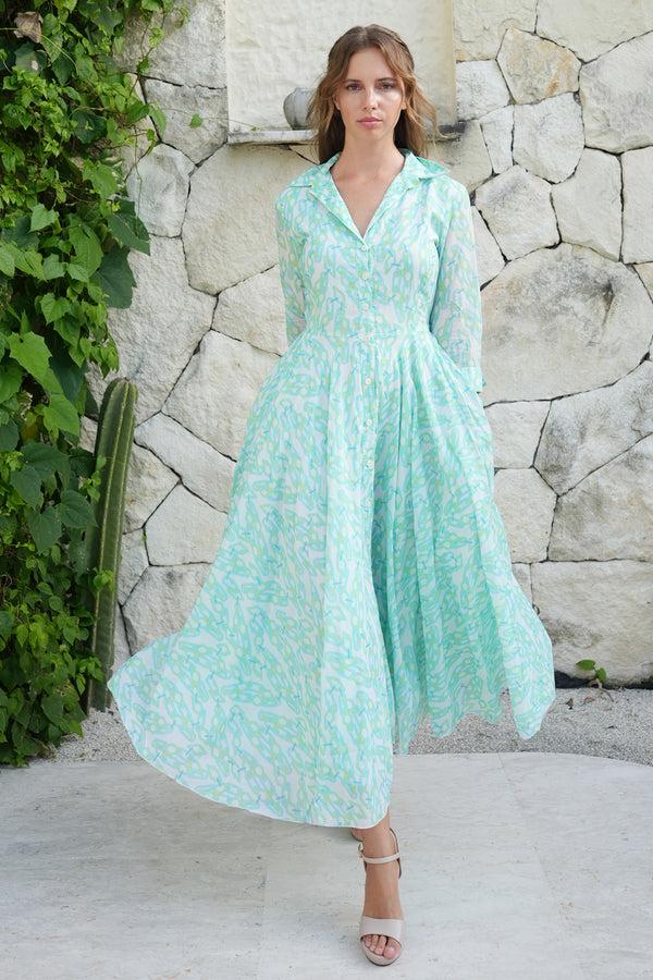 samantha sung Aster Dress Shirt Collar 3/4 Sleeve Midi Plus Length Cotton Musola (Multi Chain Small White)