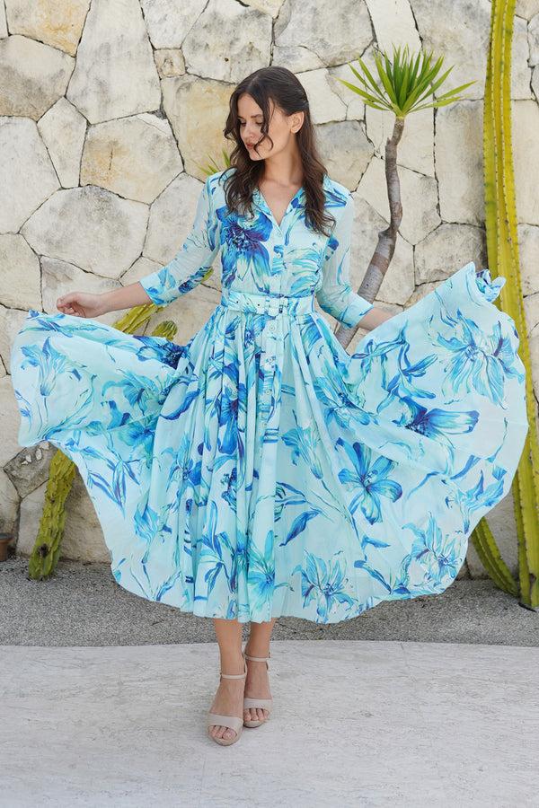 samantha sung Aster Dress Shirt Collar 3/4 Sleeve Midi Plus Length Cotton Musola (Portofino Lillies Big)