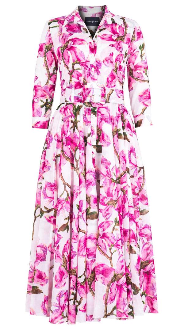 Samantha Sung Aster Dress Shirt Collar 3/4 Sleeve Midi Plus Length Cotton Musola (Magnolia Blossom White)