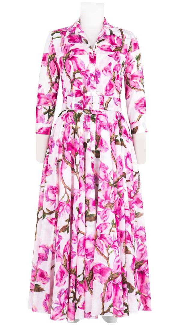 samantha sung Aster Dress Shirt Collar 3/4 Sleeve Midi Plus Length Cotton Musola (Magnolia Blossom White)