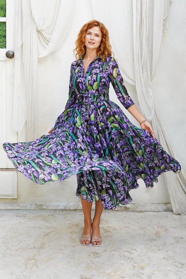 samantha sung Aster Dress Shirt Collar 3/4 Sleeve Midi Plus Length Cotton Musola (Crocus Hyacinth Bright)