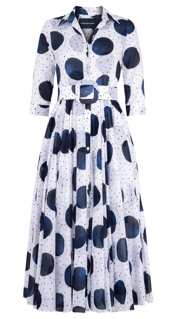 samantha sung Aster Dress Shirt Collar 3/4 Sleeve Midi Plus Length Cotton Musola (Mixed Dots White)