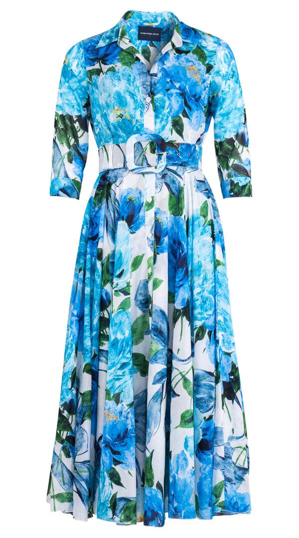 samantha sung Aster Dress Shirt Collar 3/4 Sleeve Midi Plus Length Cotton Musola (Darby Rose White)