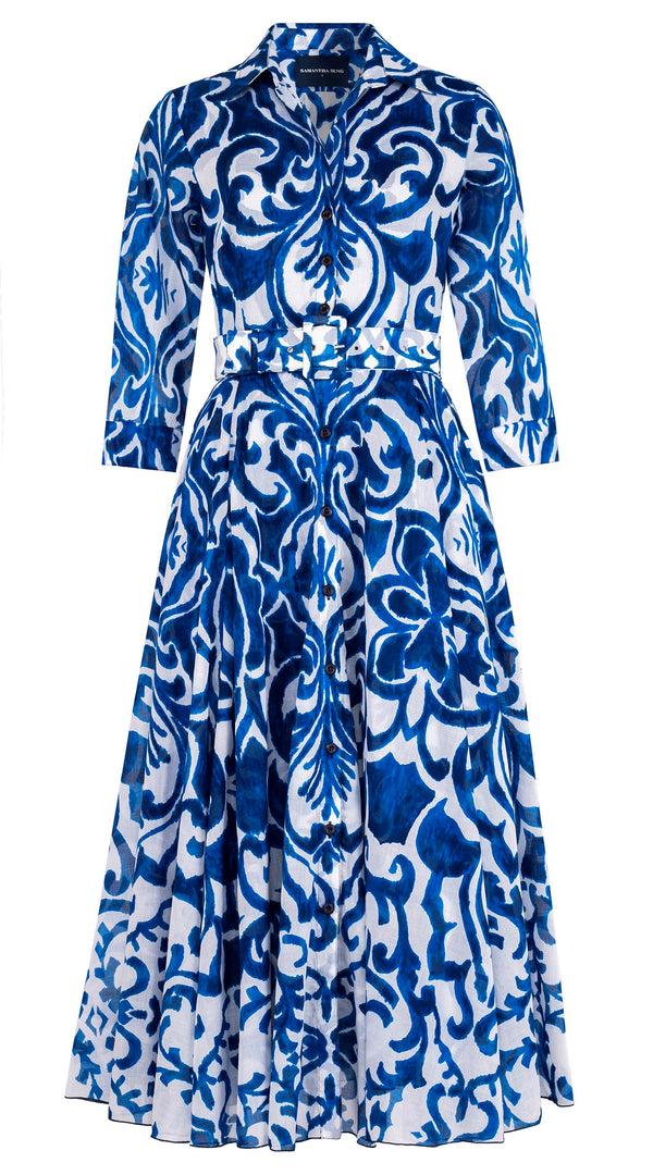 samantha sung Aster Dress Shirt Collar 3/4 Sleeve Midi Plus Length Cotton Musola (Maiolica Blue Tile Small)