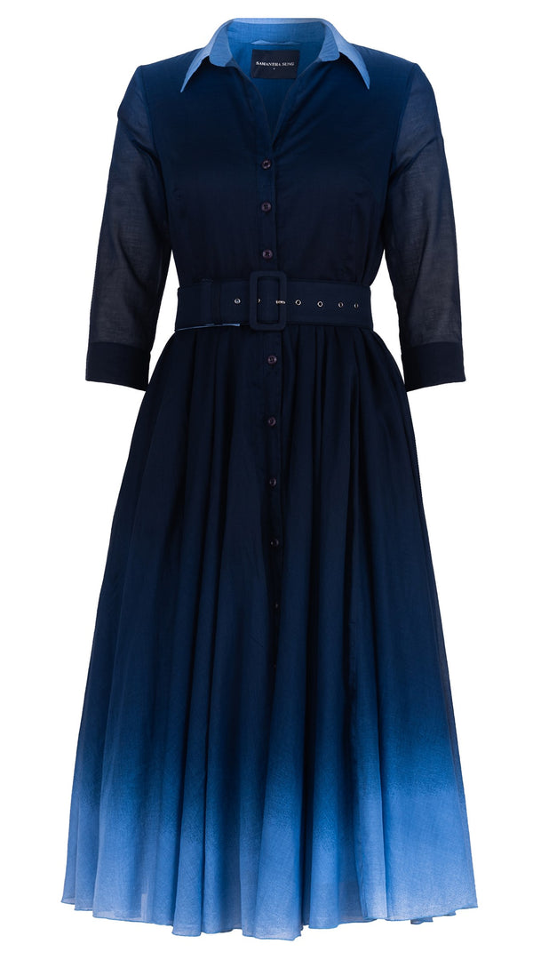 samantha sung Aster Dress Shirt Collar 3/4 Sleeve Midi Plus Length Cotton Musola (Ombre New)