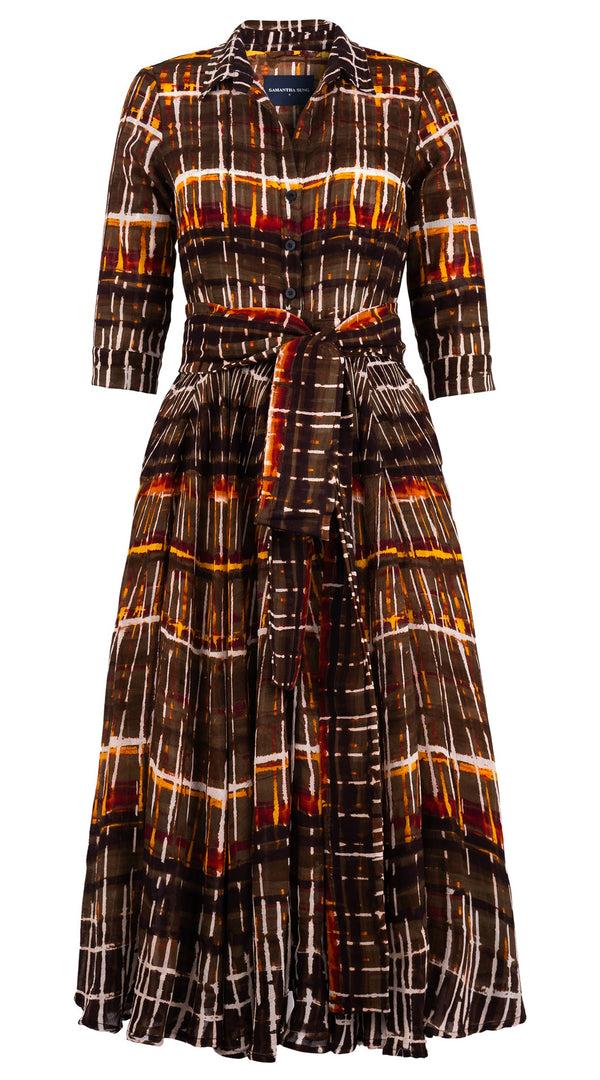 Samantha Sung Aster Dress Shirt Collar 3/4 Sleeve Midi Plus Length Wool (Watercolor Plaid) - Camel