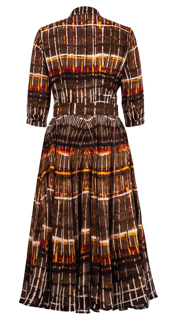 Samantha Sung Aster Dress Shirt Collar 3/4 Sleeve Midi Plus Length Wool (Watercolor Plaid) - Camel