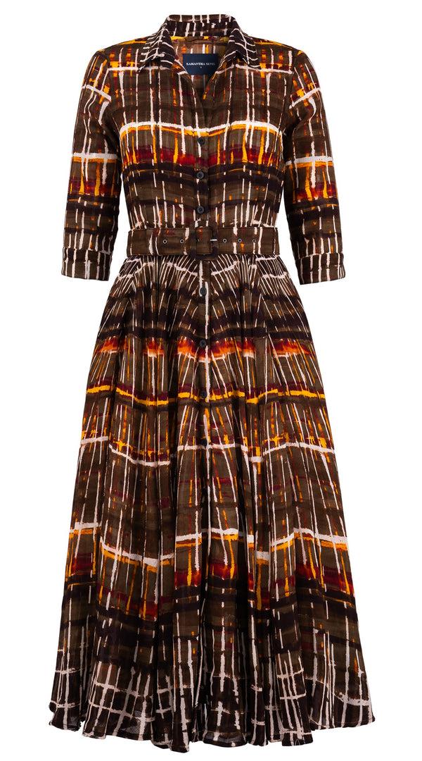 samantha sung Aster Dress Shirt Collar 3/4 Sleeve Midi Plus Length Wool (Watercolor Plaid) - Camel