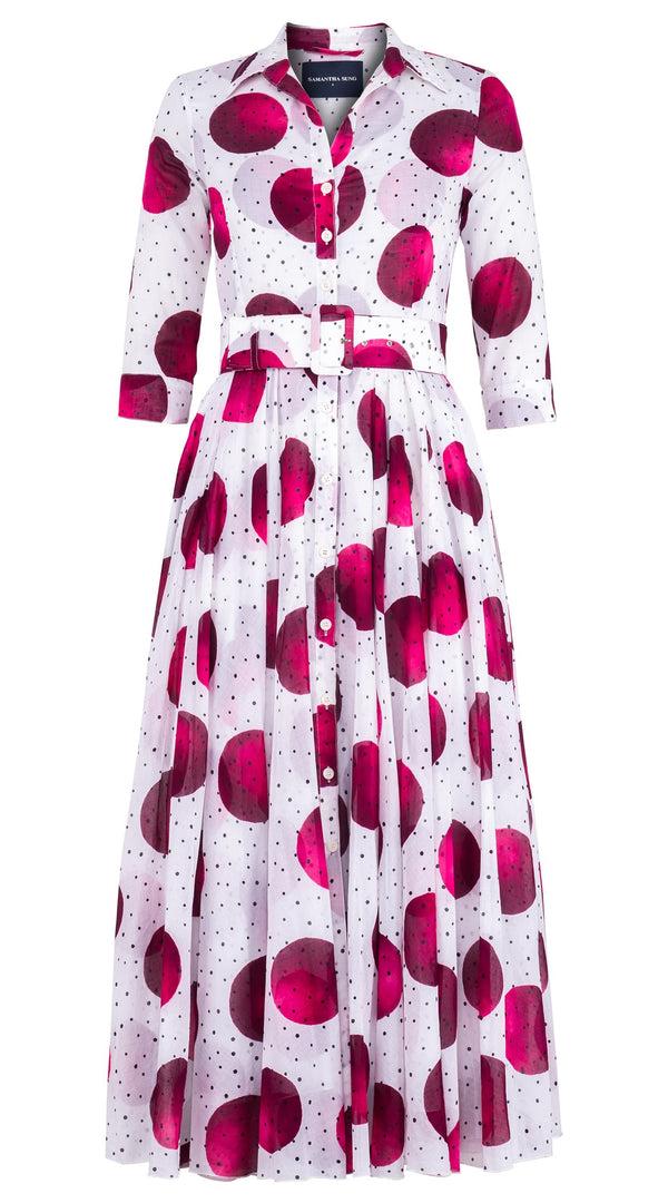 Samantha Sung Aster Dress Shirt Collar 3/4 Sleeve Midi Plus Length Cotton Musola (Mixed Dots White)